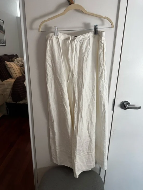Carbon38 White linen Blend Wide Leg Pleated Drawstring Pants - Size L - Picture 2 of 6